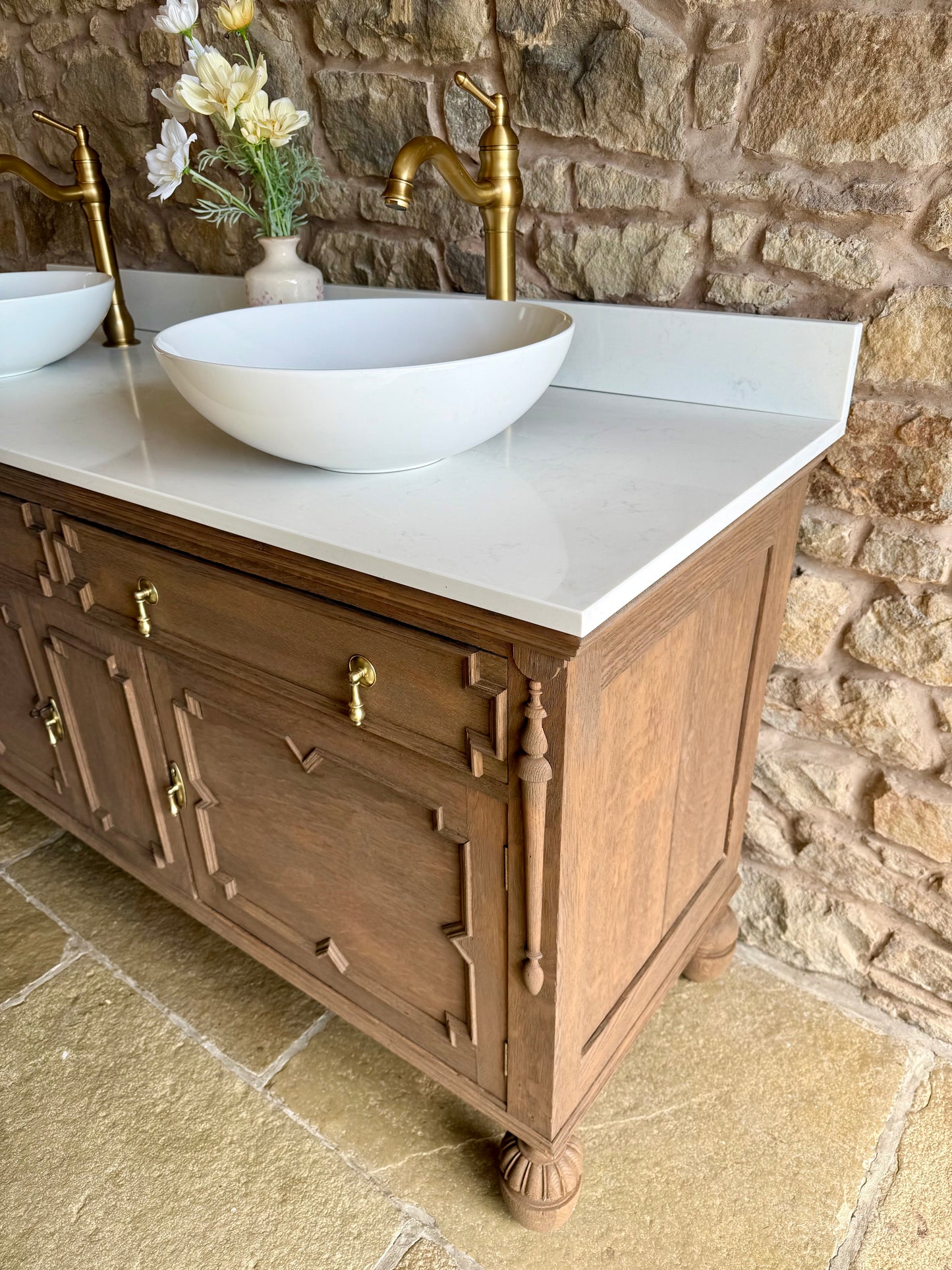 Vintage Solid Oak Double Vanity Sink Unit in a Warm Oak. Carrara Quartz Top, Upstand and Two Basins