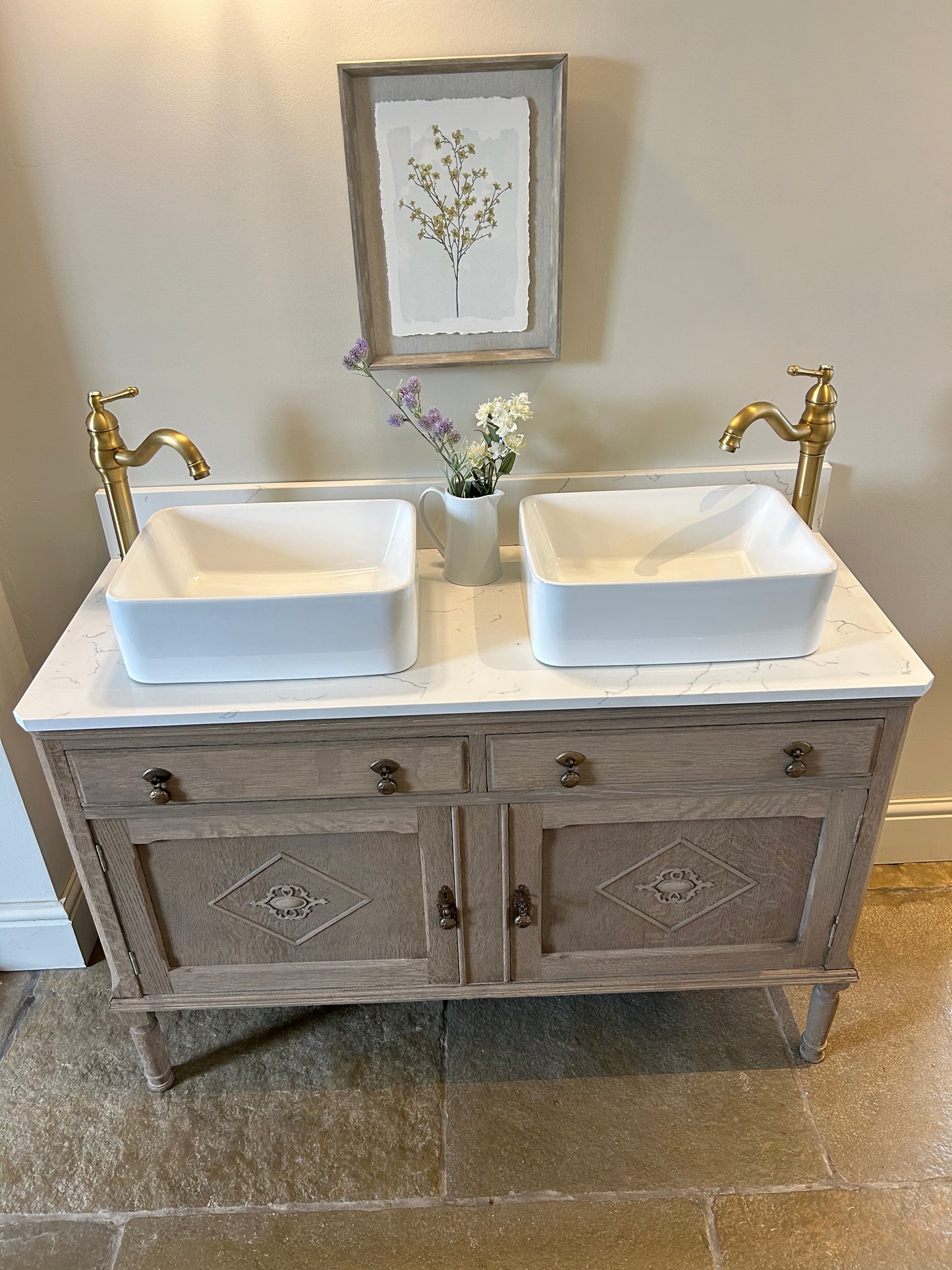 Vintage Double Vanity Sink. Solid Weathered Oak. Quartz/Marble top with Upstand.