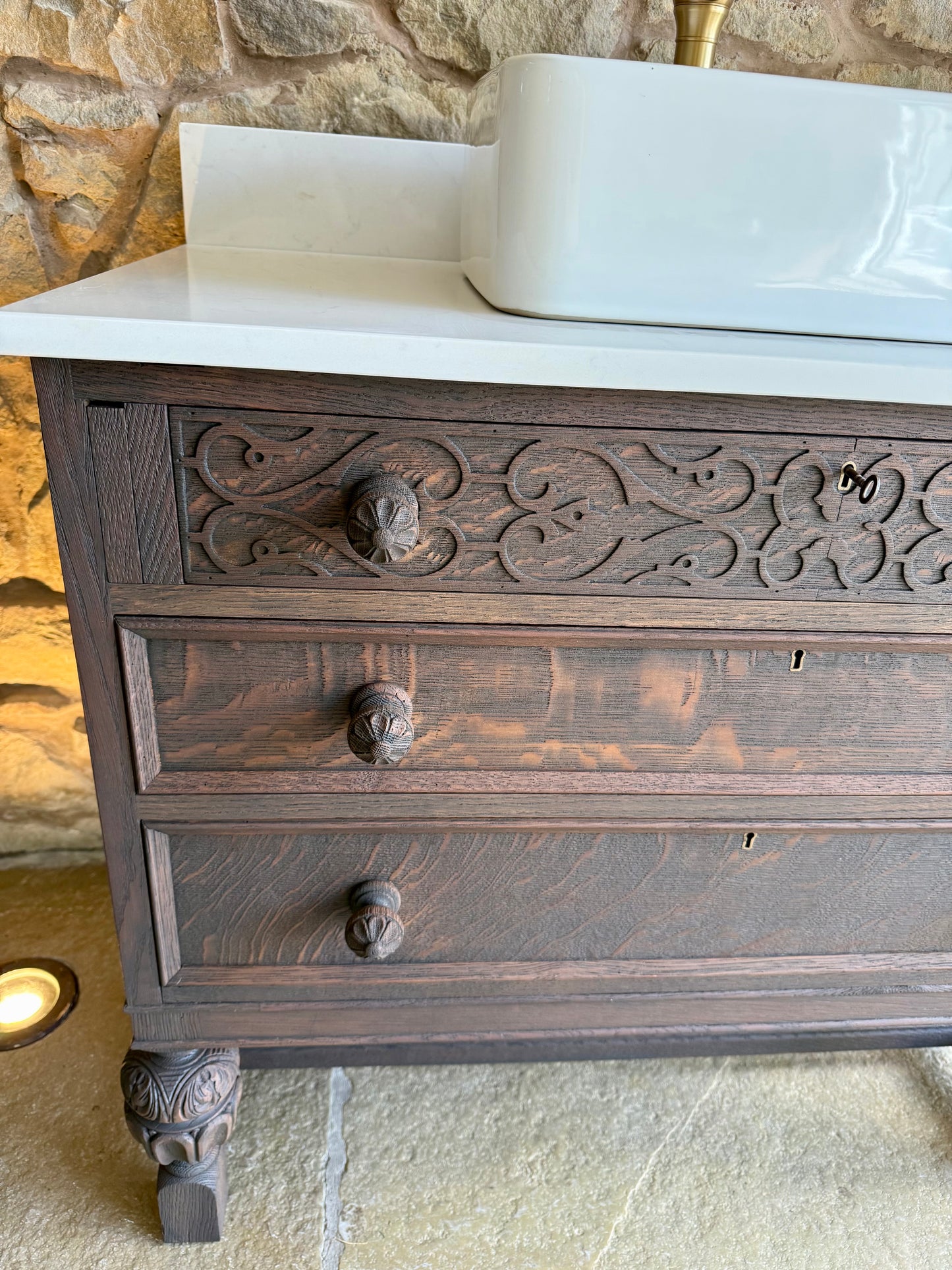 Vintage Classic Dark Oak Vanity Sink Unit, Quartz Top, Upstand and basin.