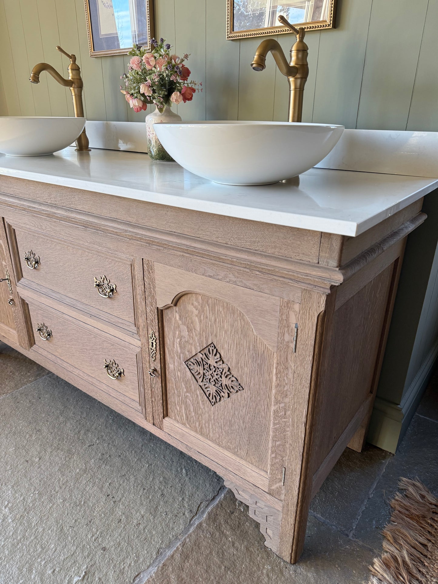 Large Vintage Vanity Sink, Carrara Quartz top, Upstand and two basins (168cm wide)