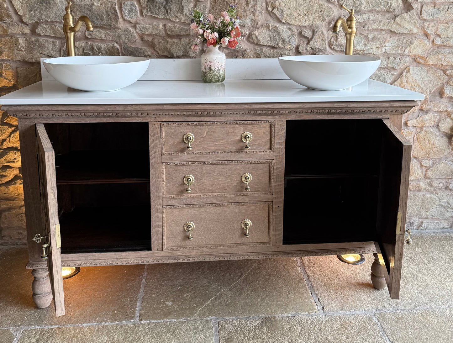 Vintage Solid Oak Double Vanity Sink, Carrara Quartz Top, Upstand and Two Basins