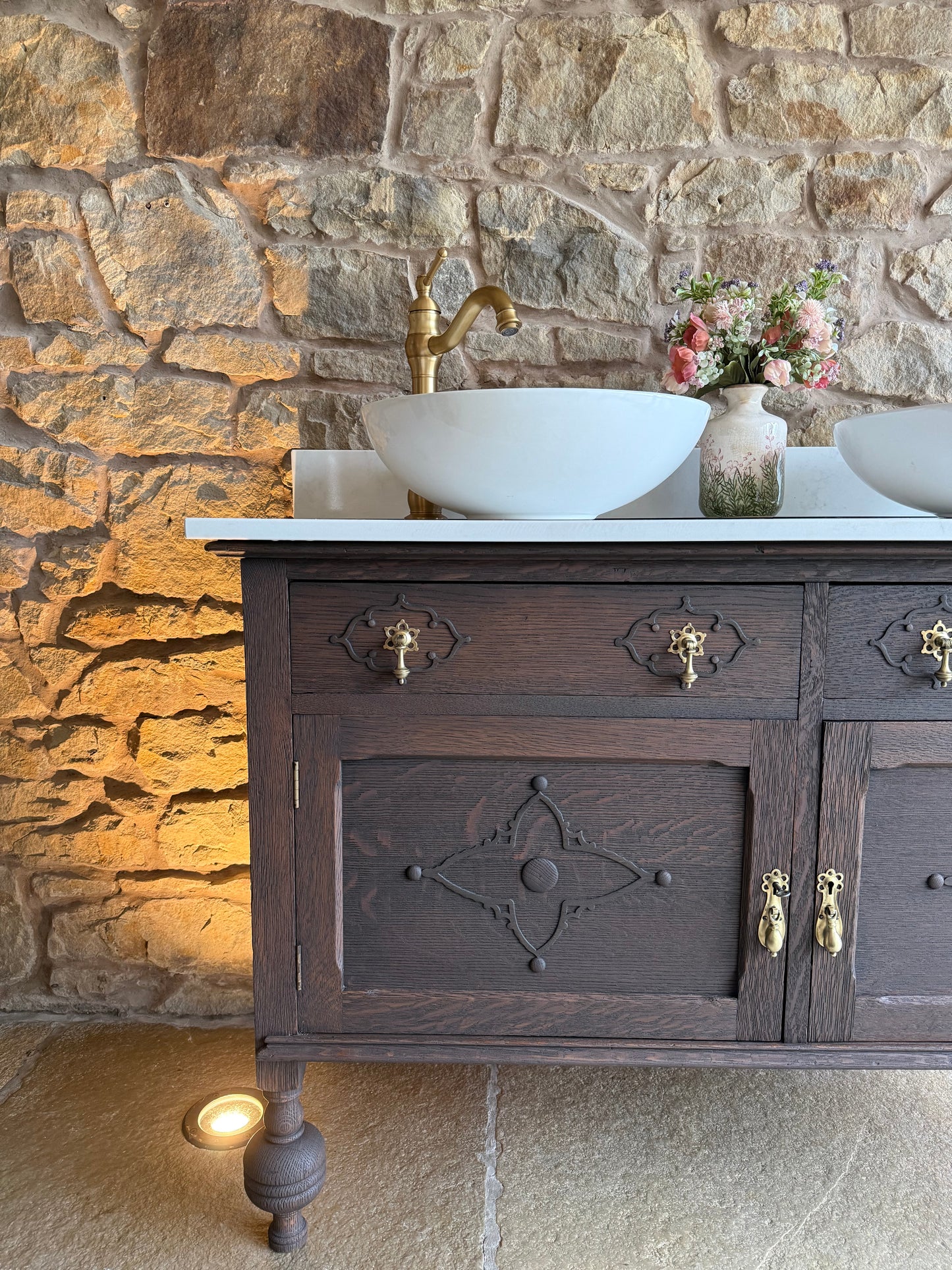 Classic Dark Oak Vintage Vanity Sink Unit, Quartz Top, Upstand and Basins (124cm wide)