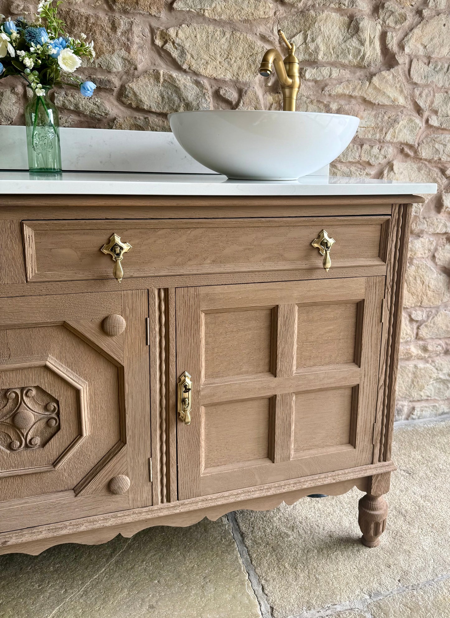 Large Vintage Oak Double Vanity Sink, Quartz Top, Upstand and two basins. (155cm wide)