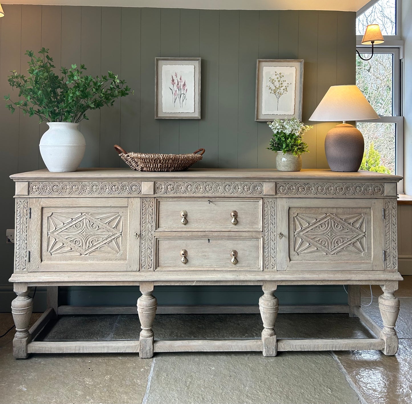 Antique Large Solid Oak Sideboard finished in a light weathered oak