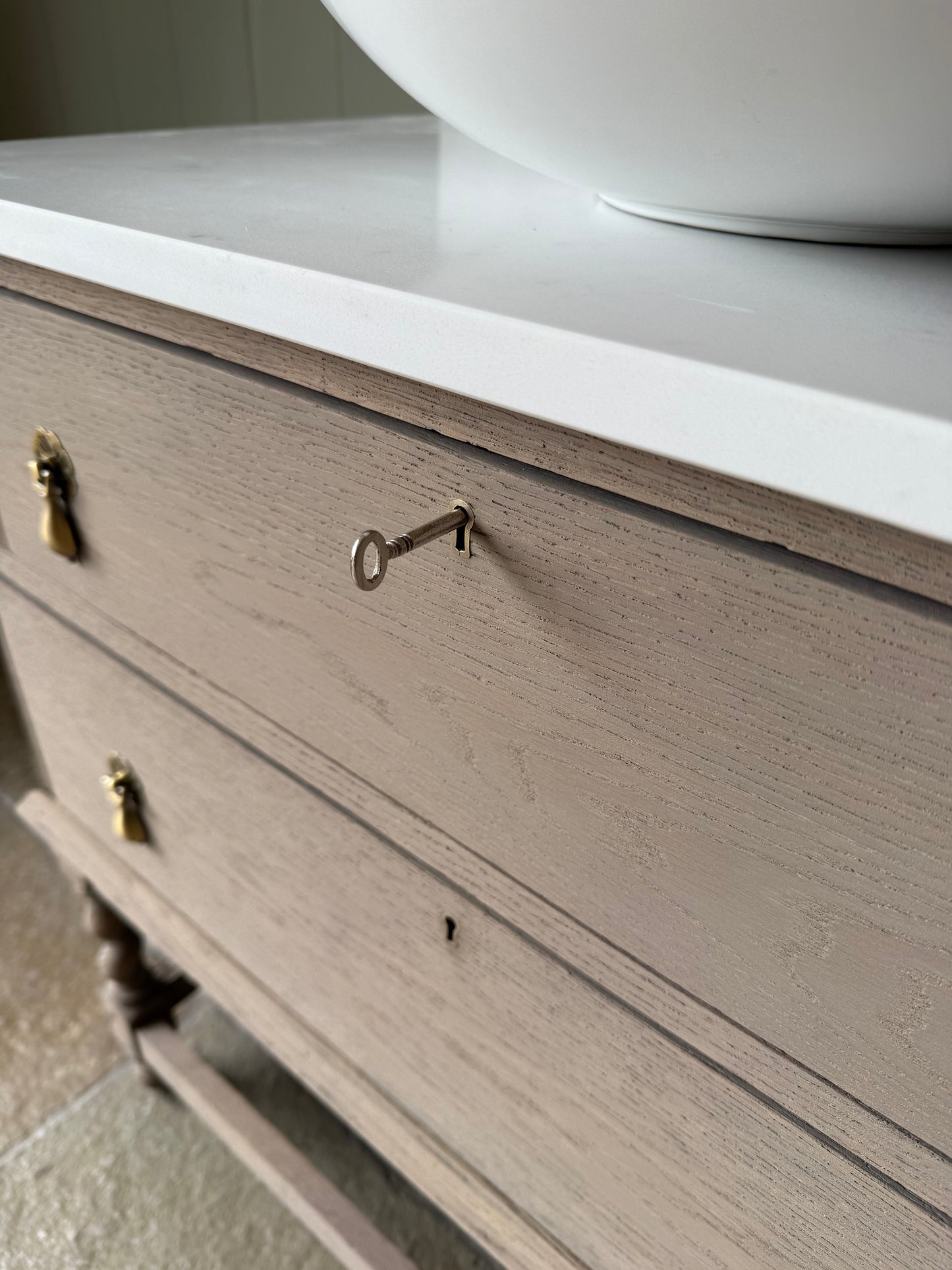 Vintage Single Vanity Sink in a Light weathered Oak, Carrara Quartz top, Upstand and basin. 78.5cm (wide)