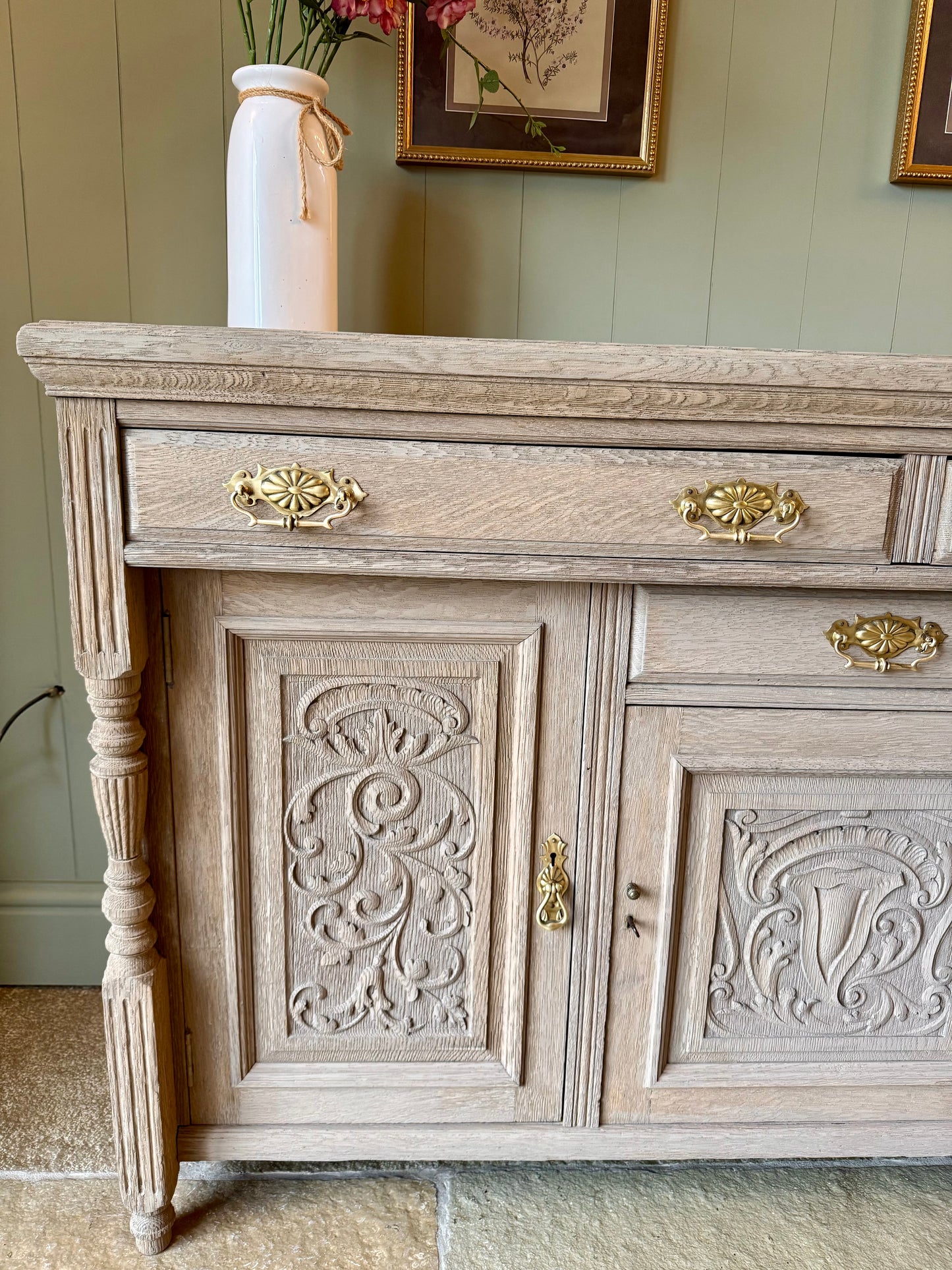 Antique Rustic Medium Sized Oak Sideboard with pretty carved detailing. (153cm wide)