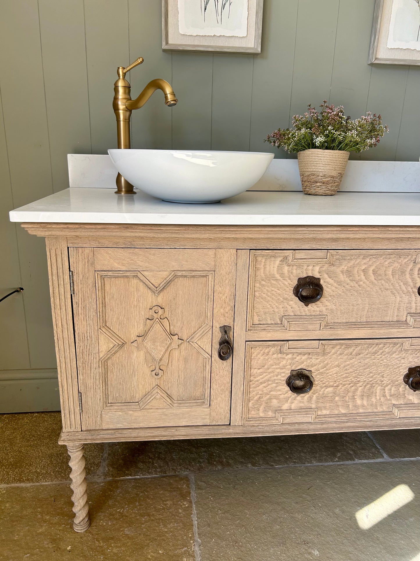 Light Oak Double Vanity Sink, quartz top, Upstand and two basins.
