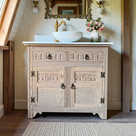 Vintage Light Oak Vanity Sink Unit, Carrara Quartz top, Upstand and Basin (98cm wide)