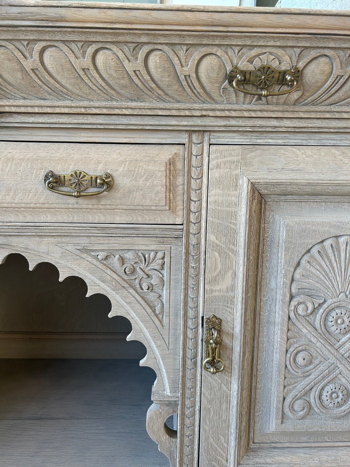 Large Vintage Weathered Oak Sideboard with Ornate Detailing.