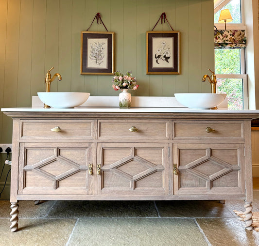Extra Large Vintage Double Vanity Sink, Carrara Quartz top, Upstand and two basins. Solid Light Oak. (185cm wide)