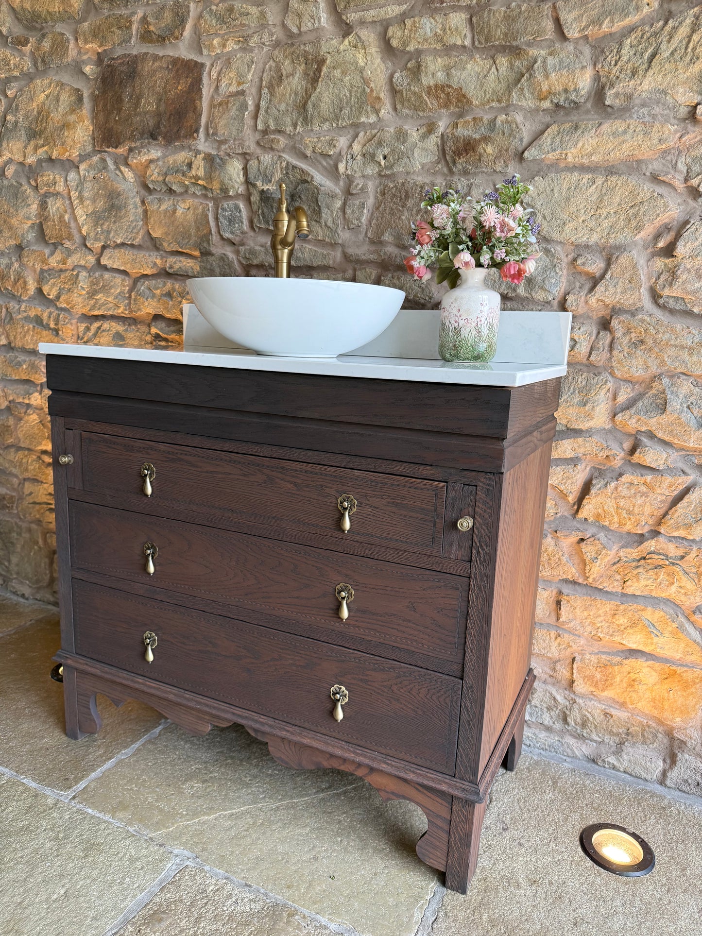 Vintage Solid Oak Vanity Sink Unit, Carrara Quartz Top, Upstand and Basin (94cm wide)