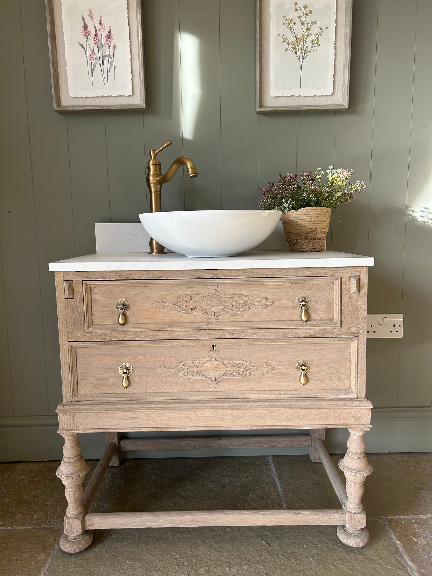 Vintage Weathered oak vanity sink unit with quartz/marble top, basins and upstand 80cm  wide