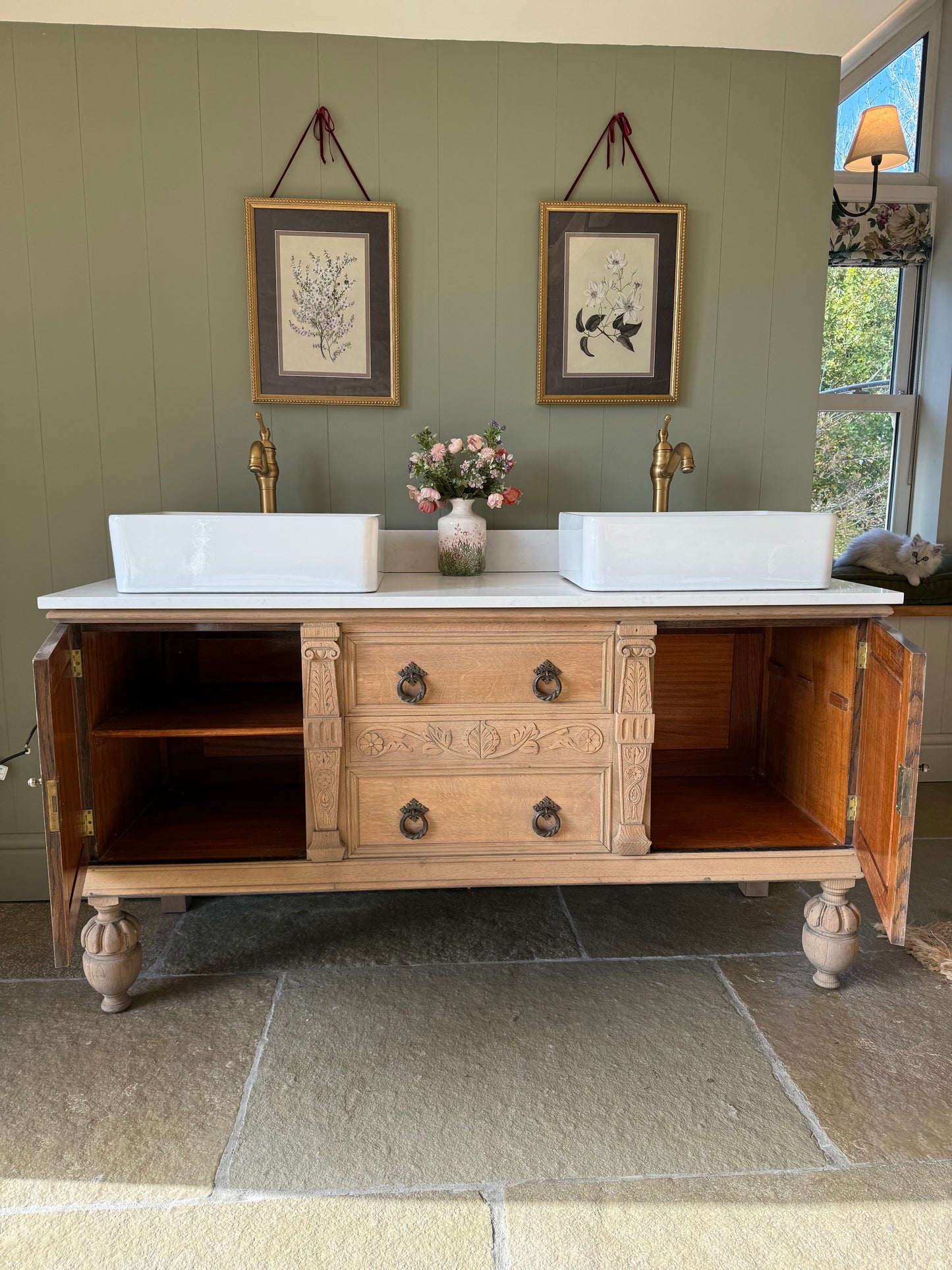 Pretty Carved Oak Vintage Vanity Sink Unit, Carrara Quartz top, Upstand and two basins (can be rectangular or circular basins) 154cm Wide