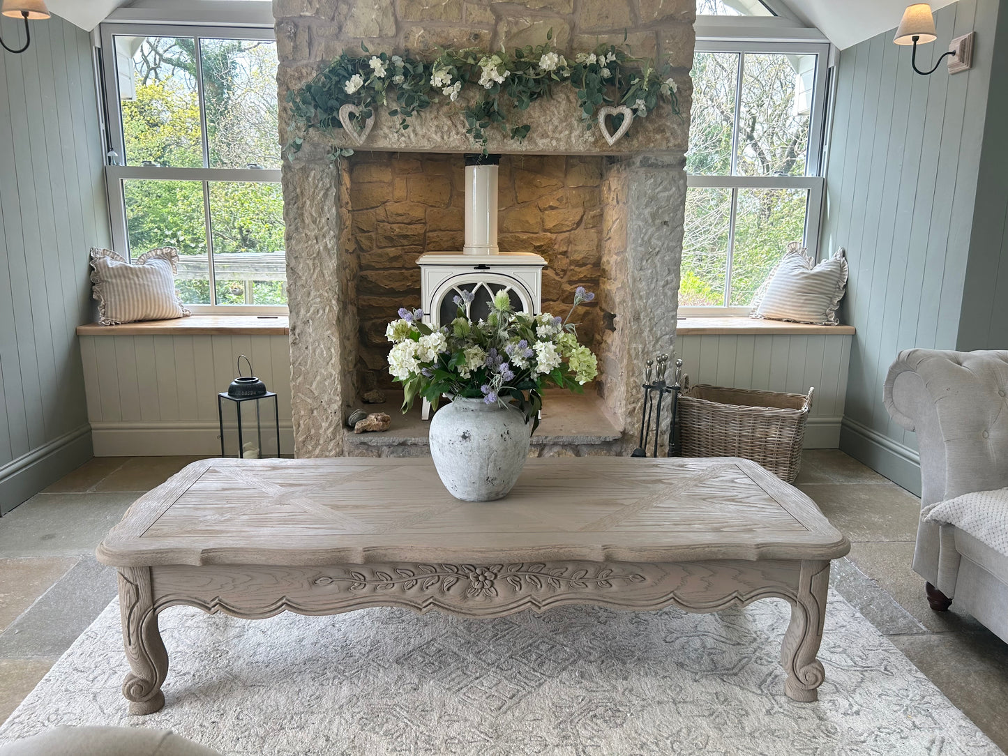 Large Solid Oak Coffee Table with carved detailing.