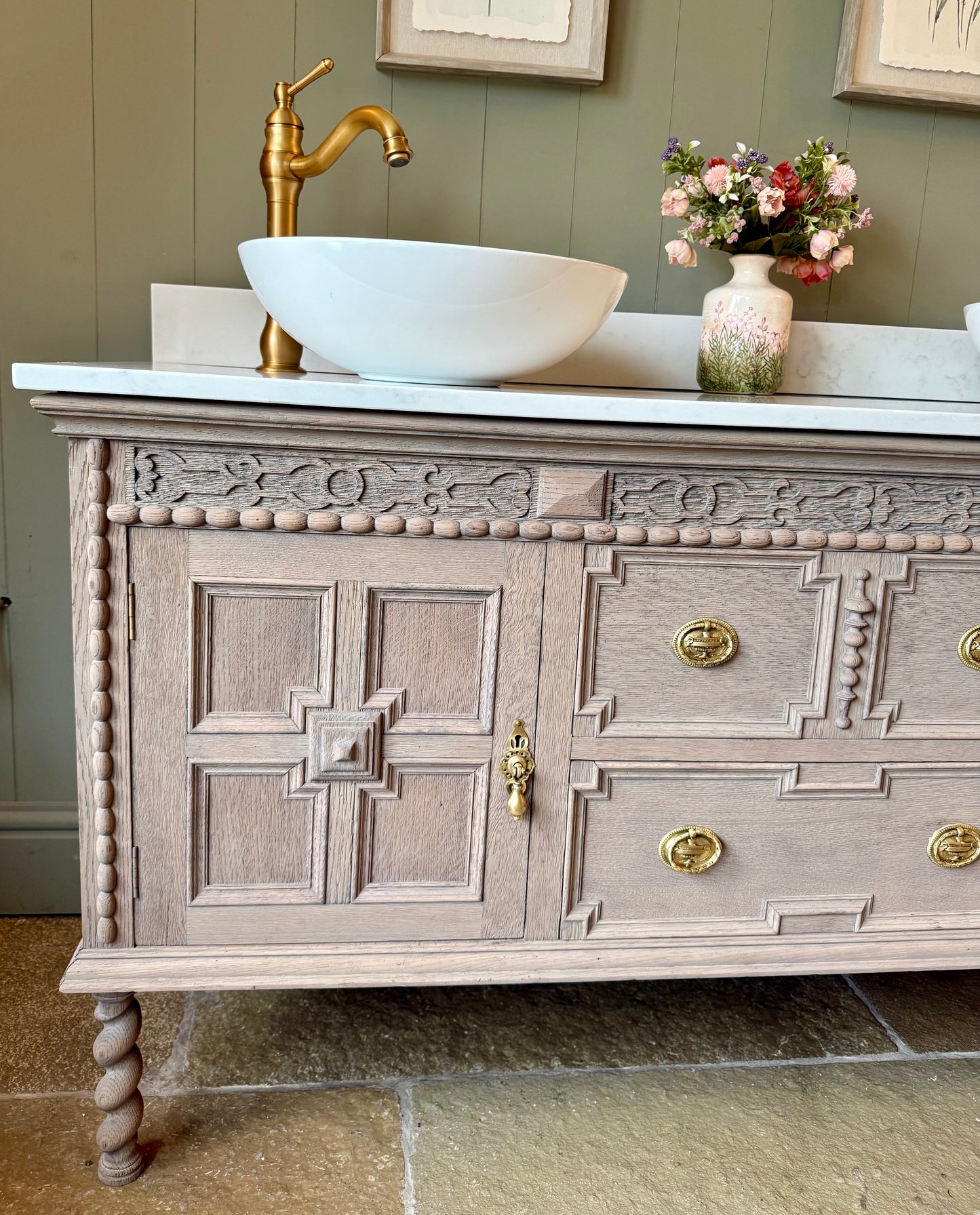 Large Vintage Light Solid Oak Vanity Sink, Carrara Quartz top, Upstand and two basins. (153cm wide)