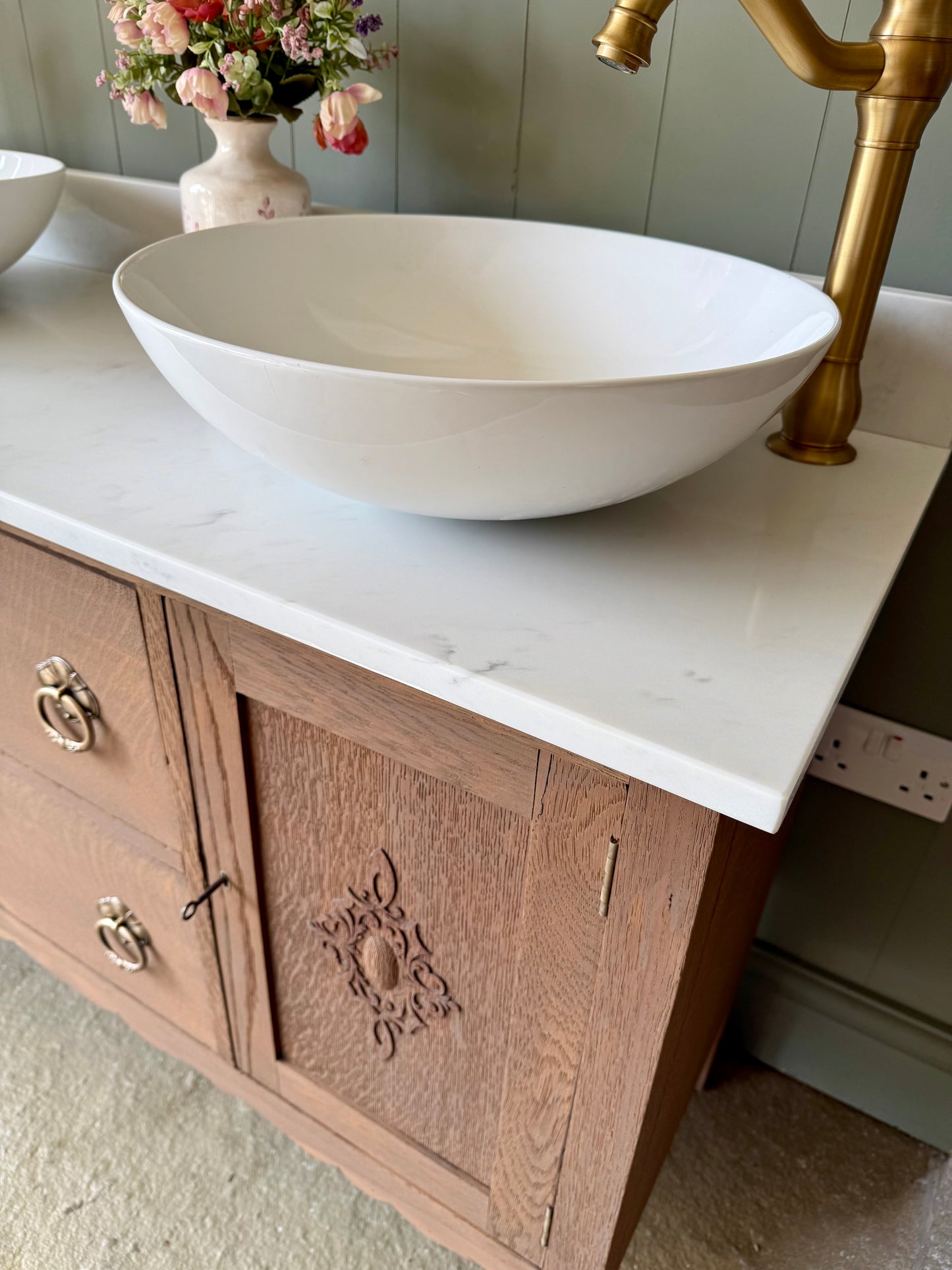 Double Vanity Sink in Mid Oak, Carrara Quartz top, Upstand and two basins (124cm wide)