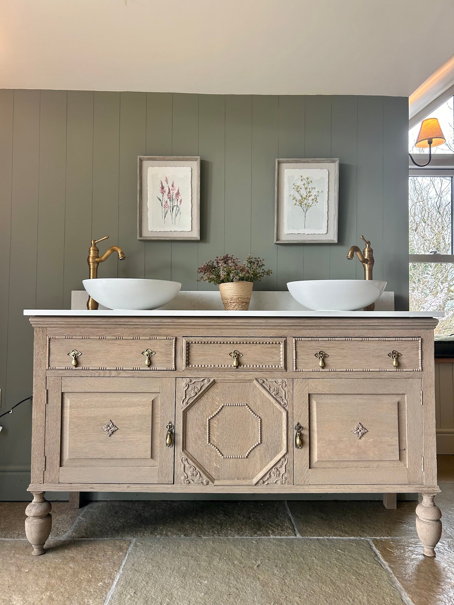 Large Double Vanity Sink 152.5cm wide. Solid light Oak, quartz top and basins.