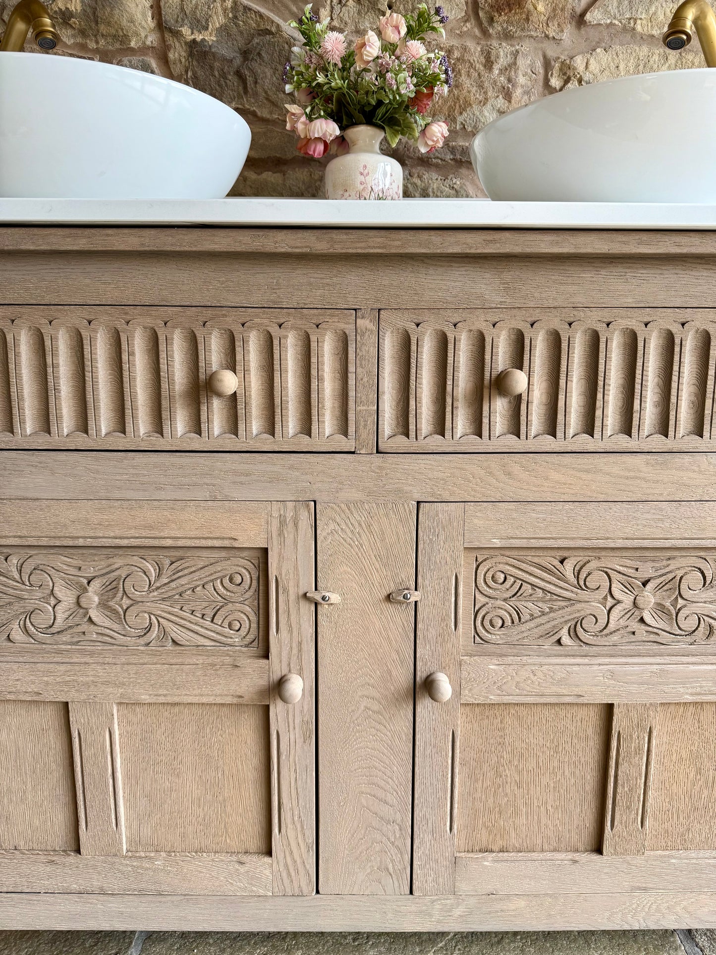 Solid Oak Double Vanity Sink Unit, Quartz Top, Upstand and two basins. (127cm wide)