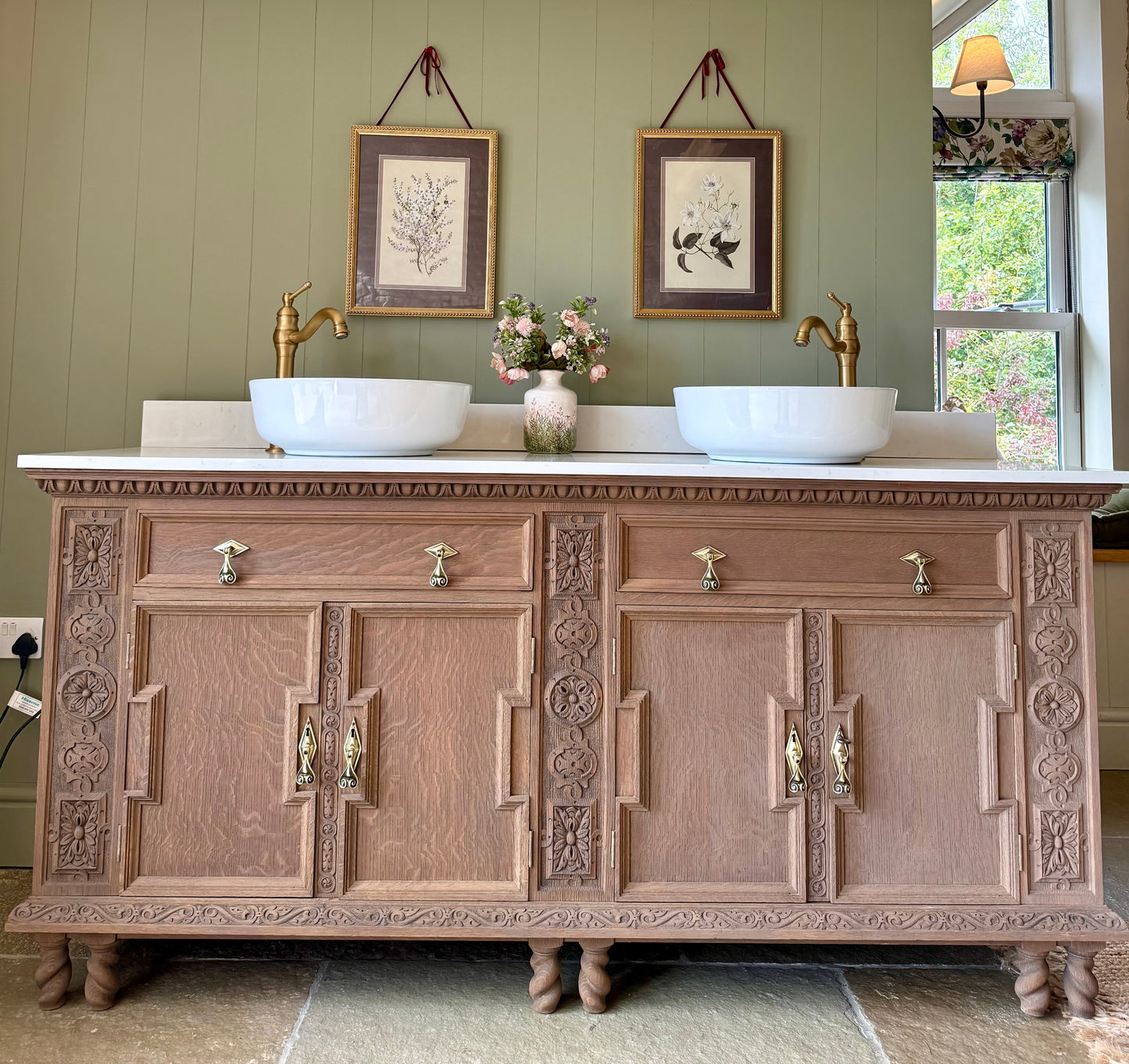 Large Mid Solid Oak Double Vanity Sink, Quartz top, Upstand and two basins. ( 185cm wide)