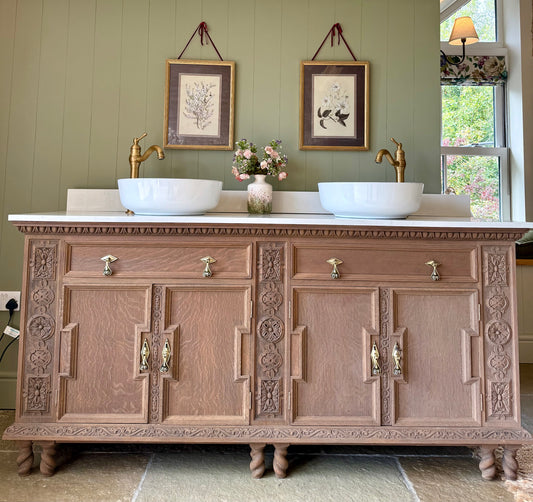 Large Mid Solid Oak Double Vanity Sink, Quartz top, Upstand and two basins. ( 185cm wide)