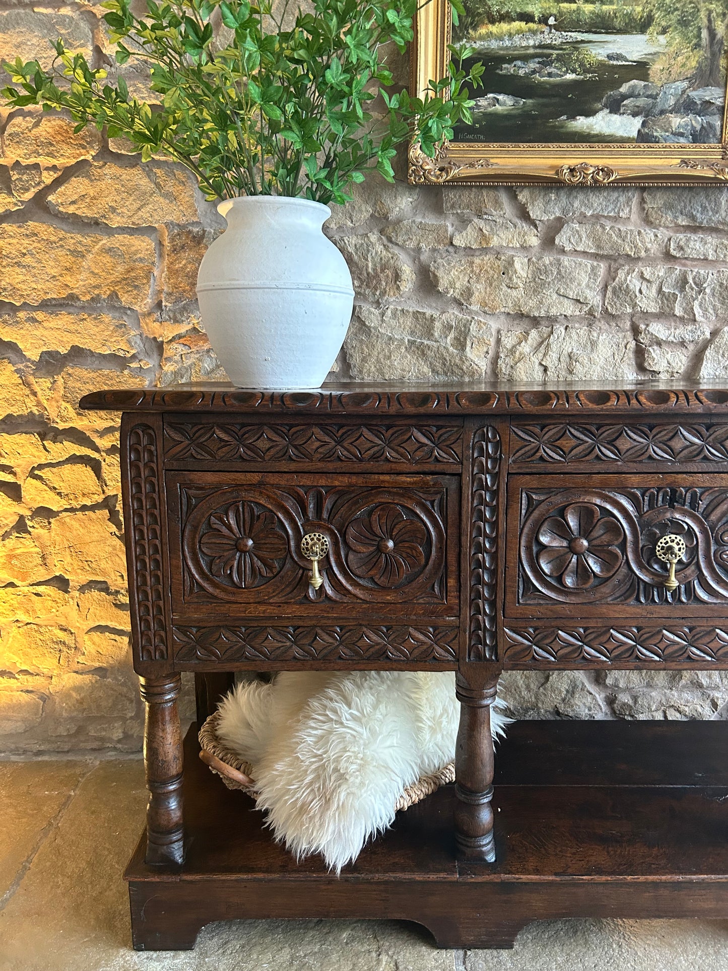 1700s Antique Solid Oak Console Table sideboard with beautiful hand carved detailing.