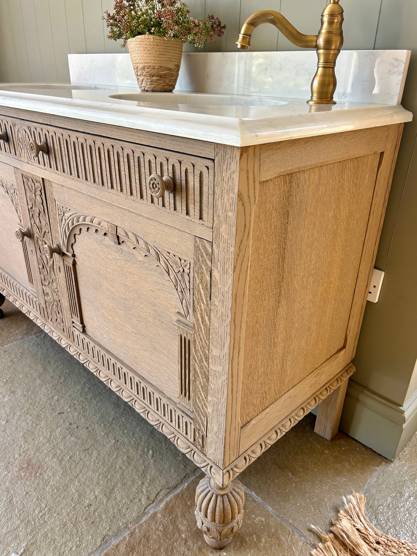 Vintage Light Oak Double Vanity Unit with undermount basins, Ogee edge and upstand.
