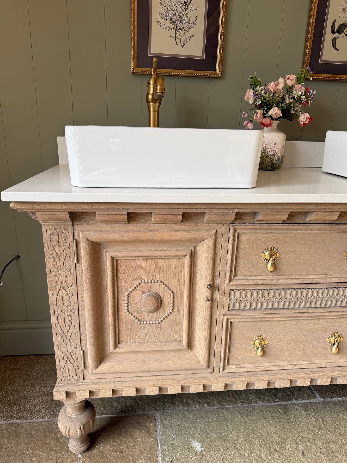 Large Vintage Solid Oak Vanity Sink unit, Carrara Quartz top, Upstand and two basins (choice of rectangular or circular) 154cm wide.