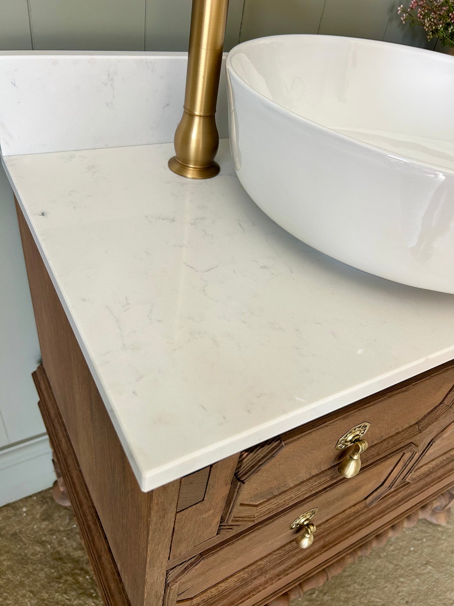 Vintage SolidOak Vanity Sink, Carrara Quartz top, Upstand and countertop basin. (76cm wide)