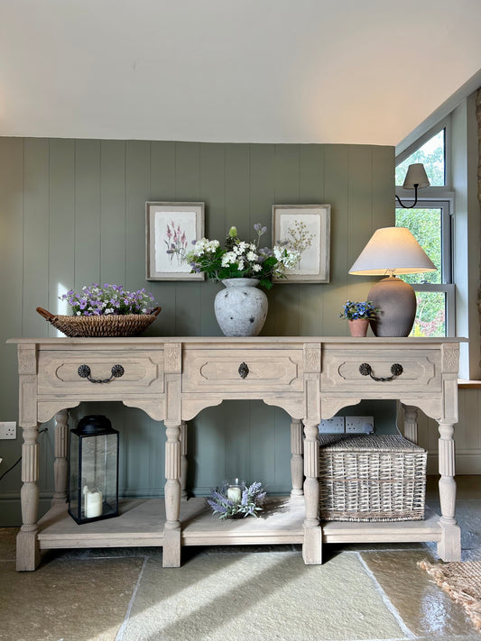 Large rustic Console Table finished in a light weathered oak.