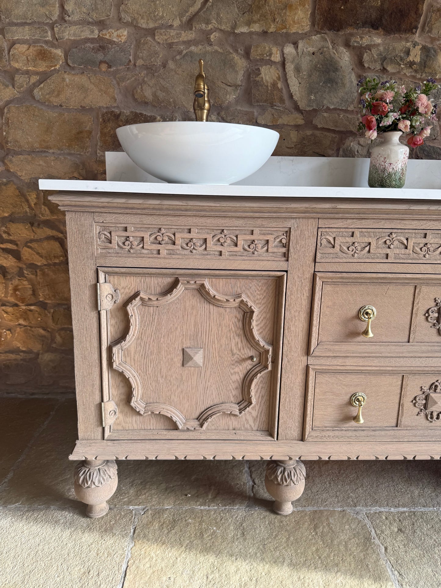 Rustic Large Double Vanity Sink Unit, Quartz top, Upstand and two basins (185cm wide)