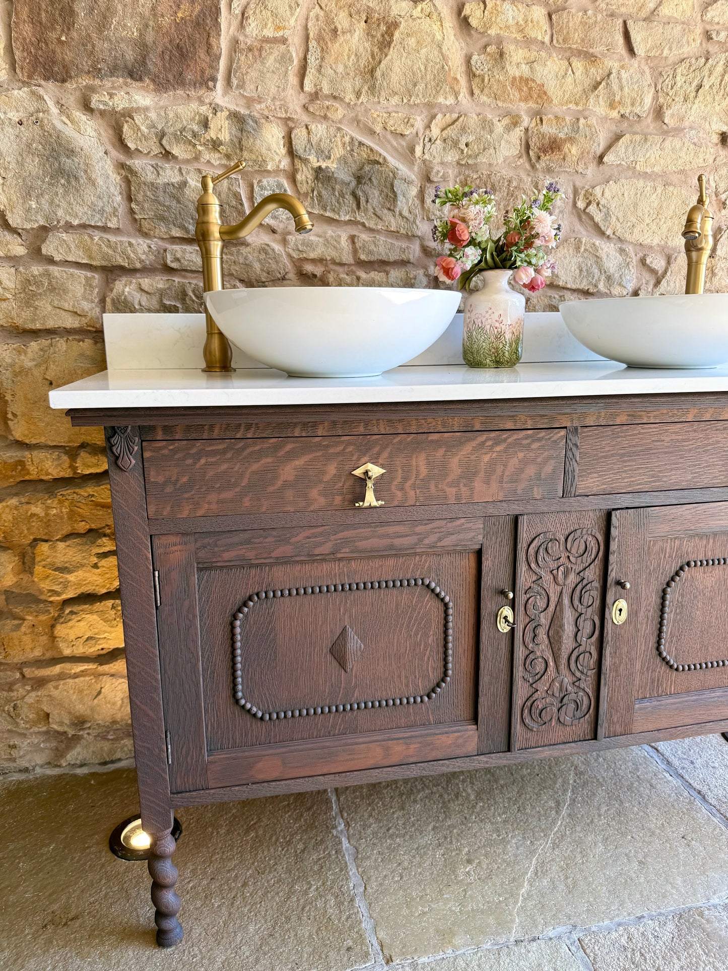 Vintage Classic Dark Oak Double Vanity Sink Unit, Carrara Quartz Top, Upstand and two basins. (139cm wide)