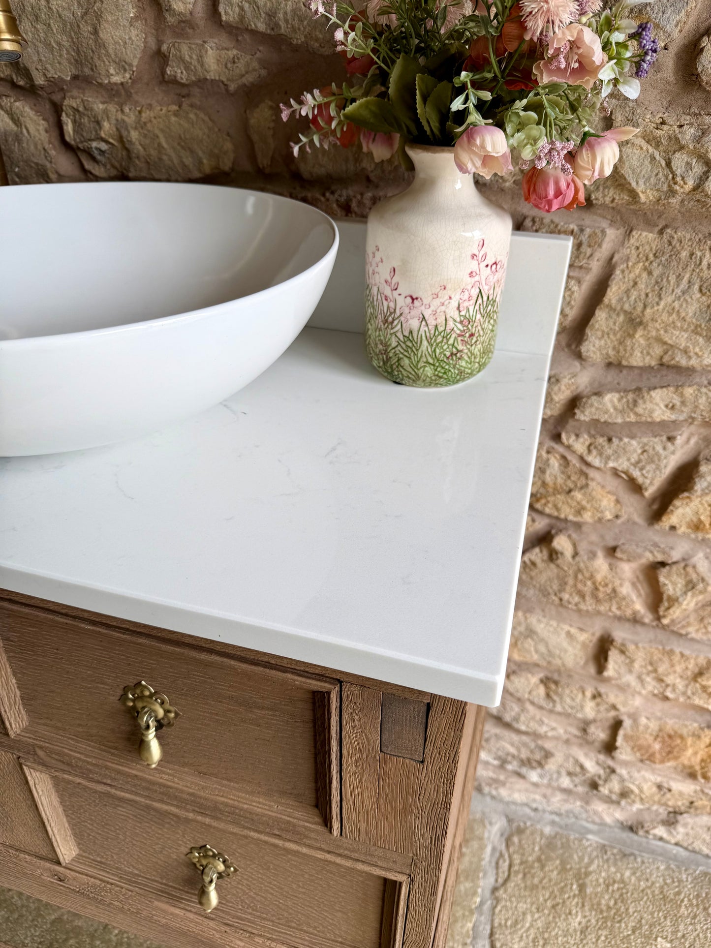 Small Vintage Oak Vanity Sink Unit, Carrara Quartz Top, Upstand and basin (71cm wide)