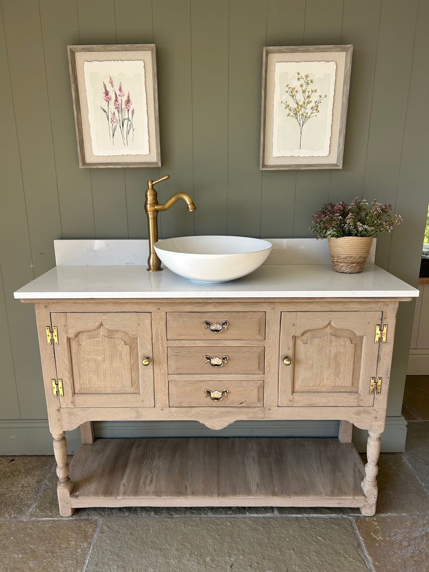 Light Solid Oak Vanity Sink with Basin, Quartz top and Upstand. 1235mm wide