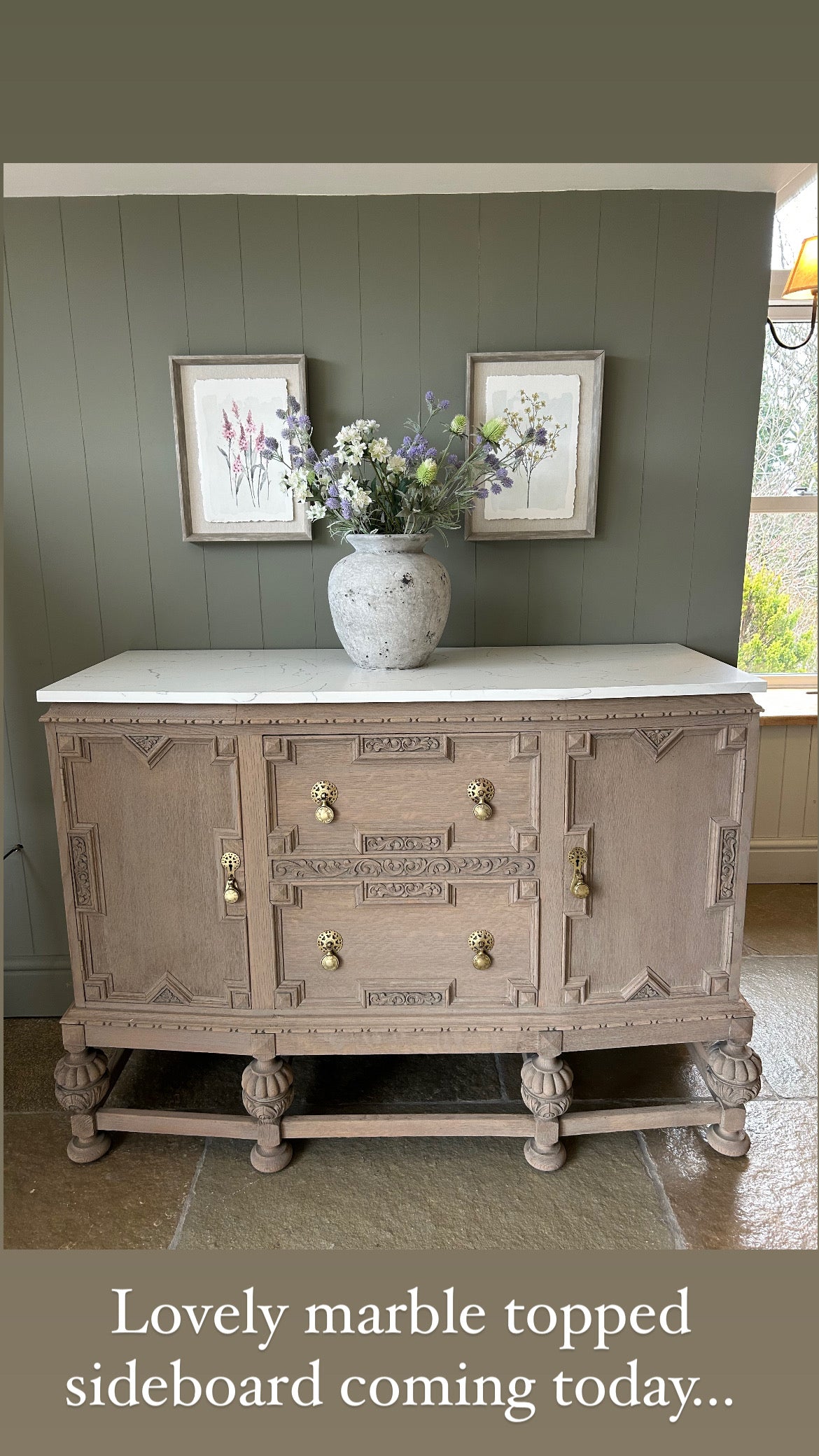 Marble Topped Vintage Sideboard. Medium Sized