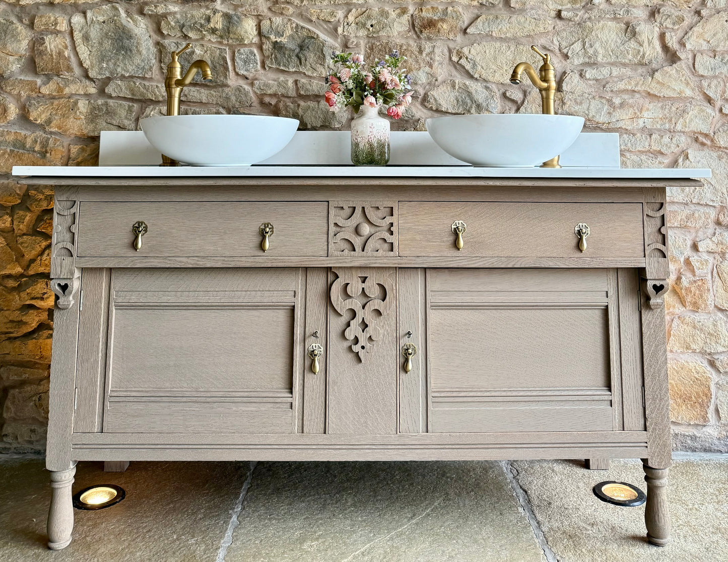 Vintage Oak Double Vanity Sink Unit, Carrara Quartz Top, Upstand and Basins (154cm wide) Finished in a Light Oak