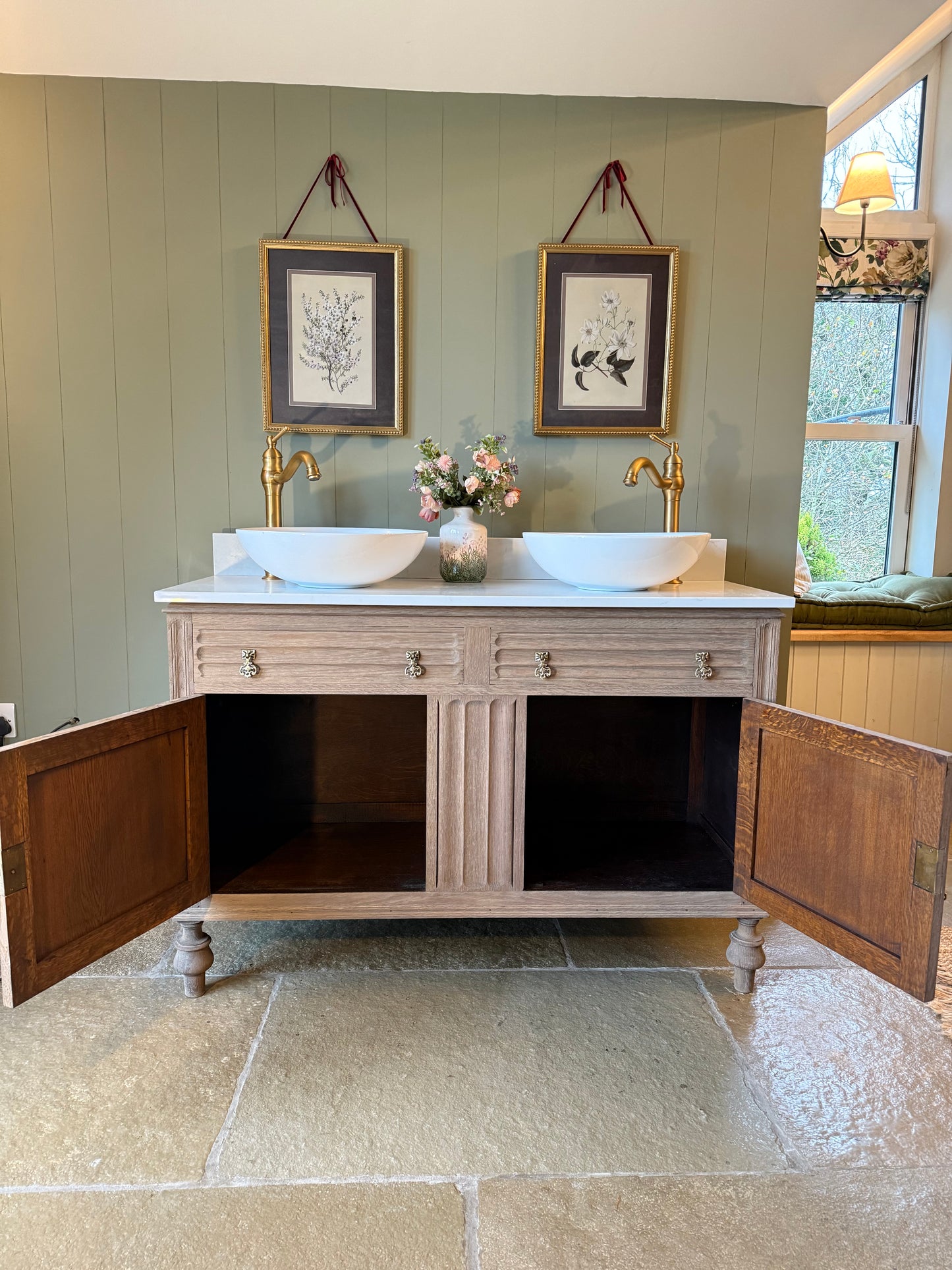 Oak Double Vanity Sink, Quartz top, two basins and Upstand. (124cm wide)