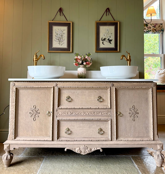Pretty Solid Oak Double Vanity Sink Unit finished in a light weathered oak, Carrara Quartz top, Upstand and two basins. ( 148cm wide)