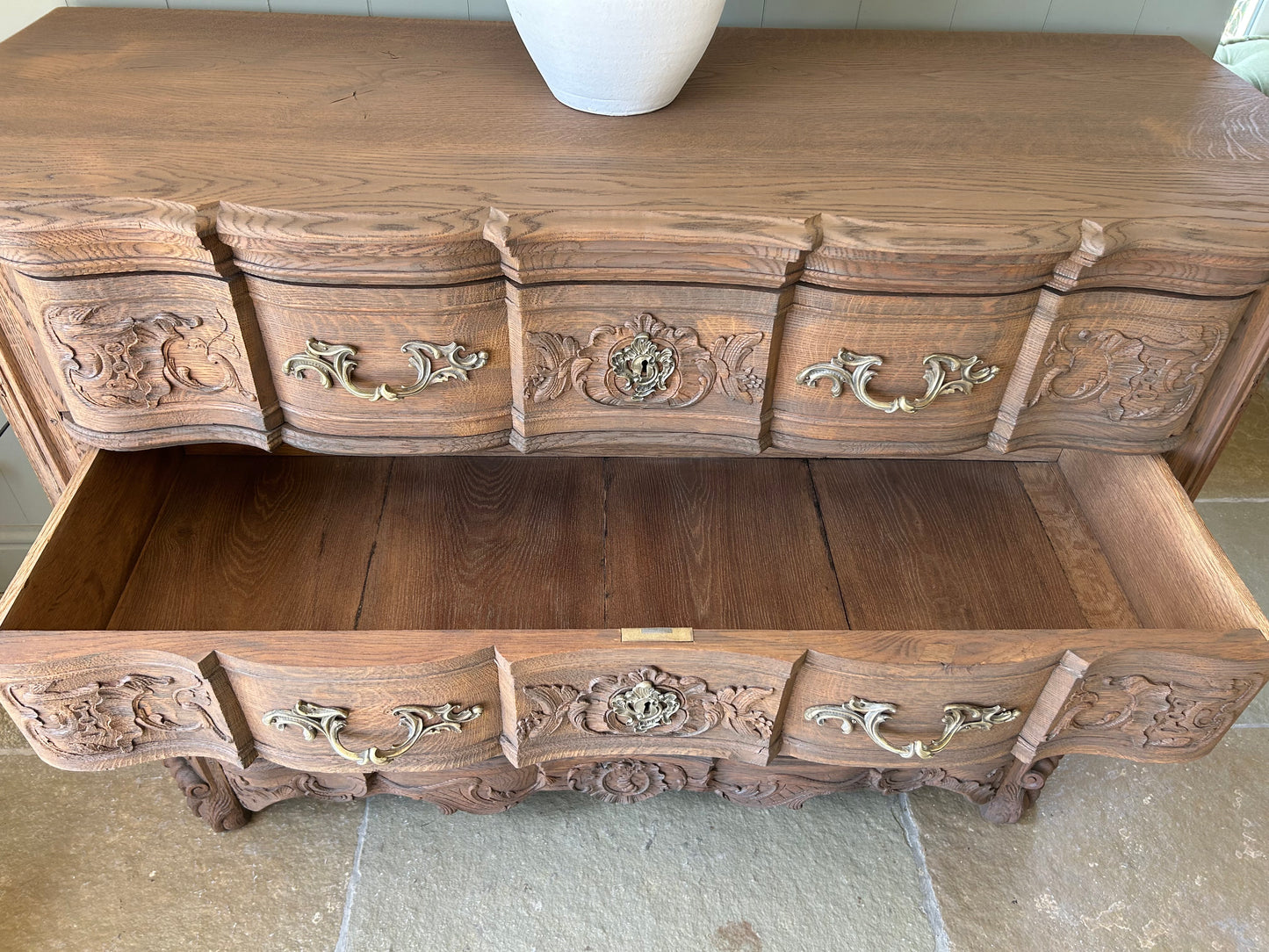 Large Antique French (c1890) Chest of Drawers, solid oak finished in a warm mid oak.