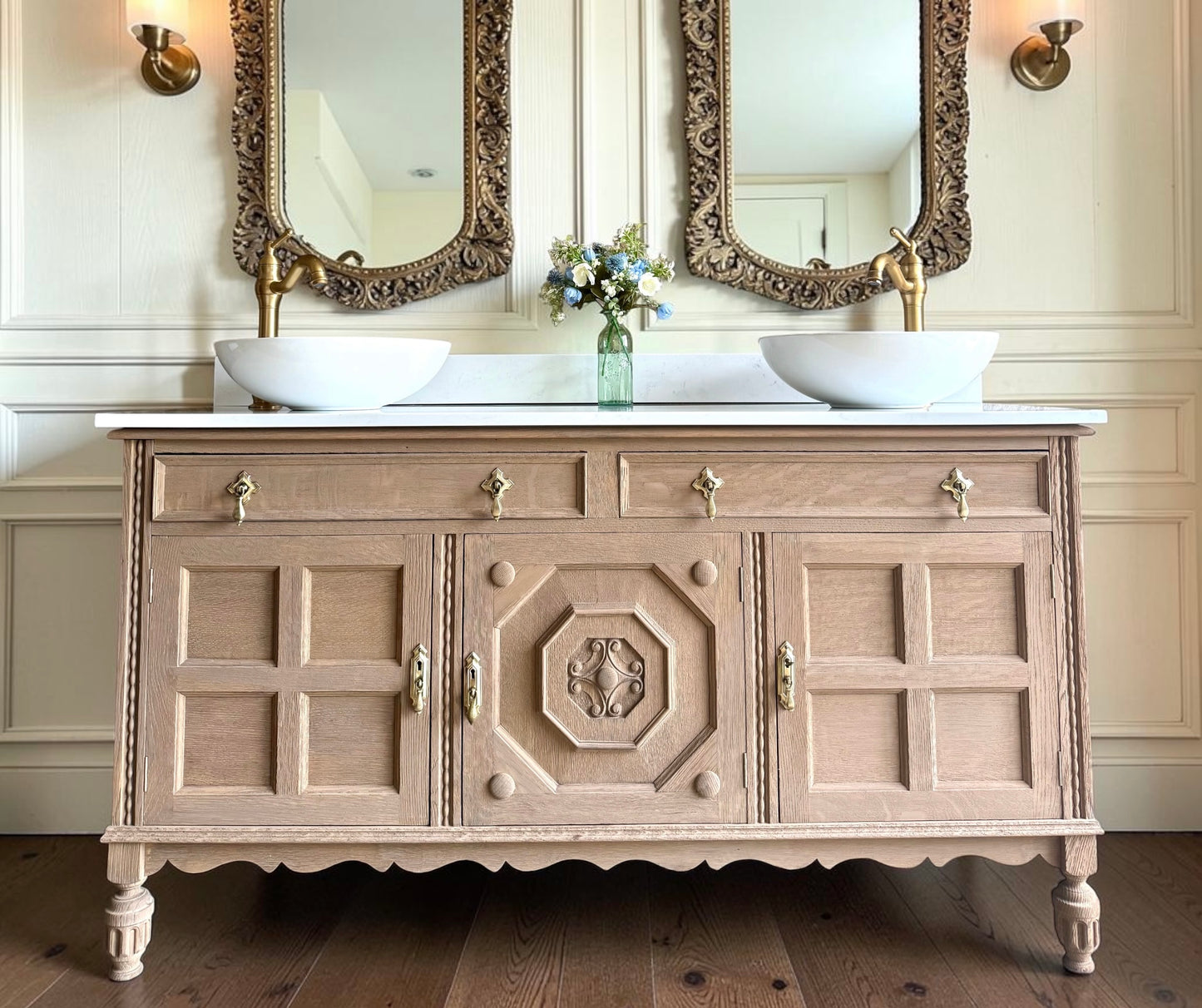 Large Vintage Oak Double Vanity Sink, Quartz Top, Upstand and two basins. (155cm wide)