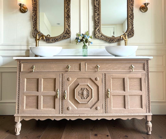 Large Vintage Oak Double Vanity Sink, Quartz Top, Upstand and two basins. (155cm wide)