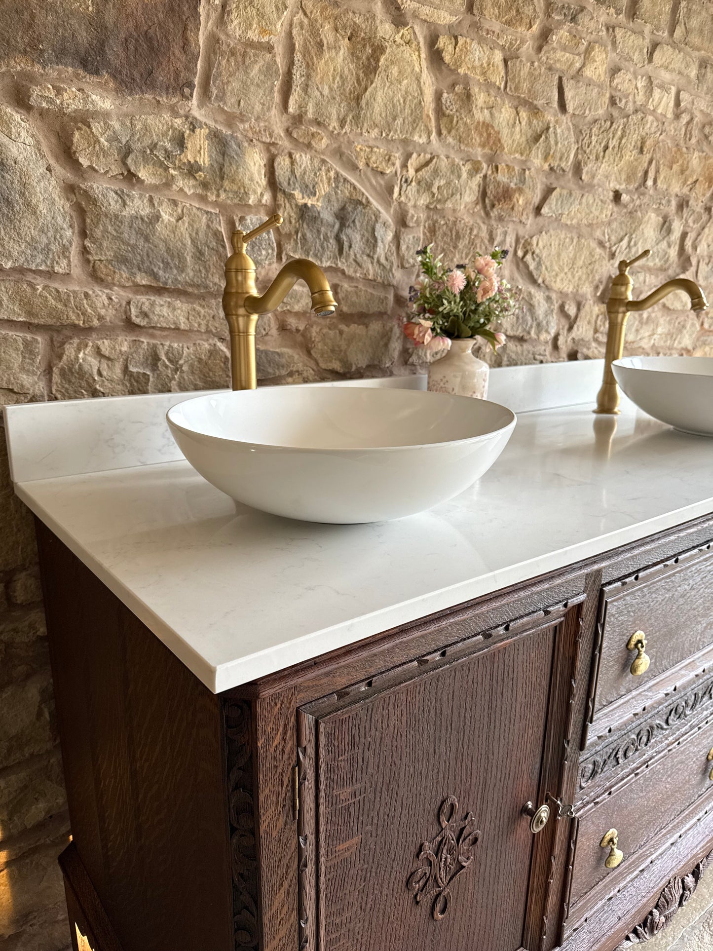 Beautiful Carved Oak Double Vanity Sink, Quartz Top, Upstand and two basins. (150.5cm)