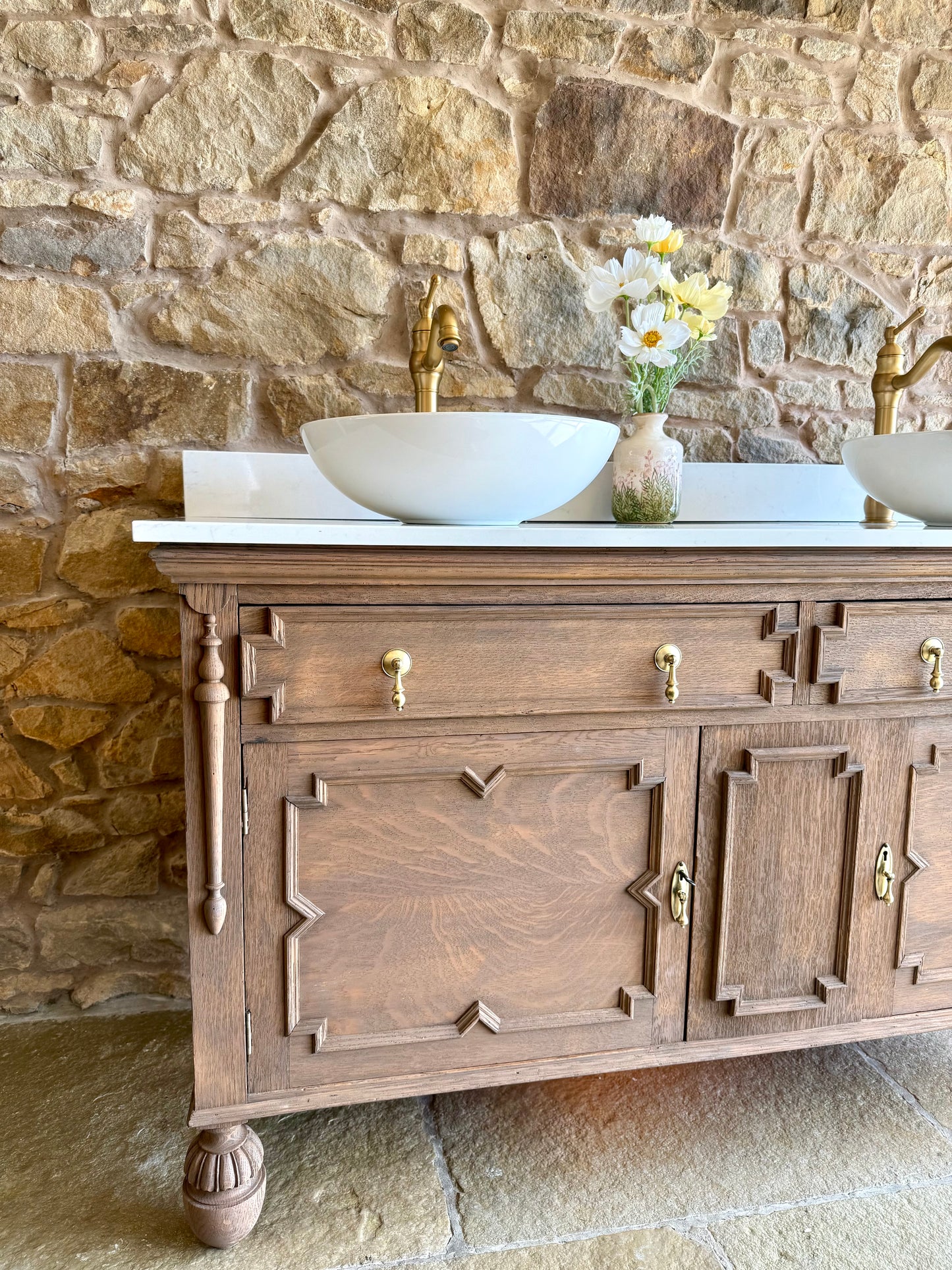 Vintage Solid Oak Double Vanity Sink Unit in a Warm Oak. Carrara Quartz Top, Upstand and Two Basins