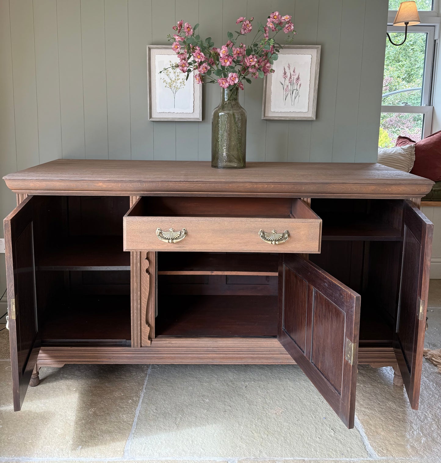 Large Antique Solid Oak Sideboard with beautiful carved detailing