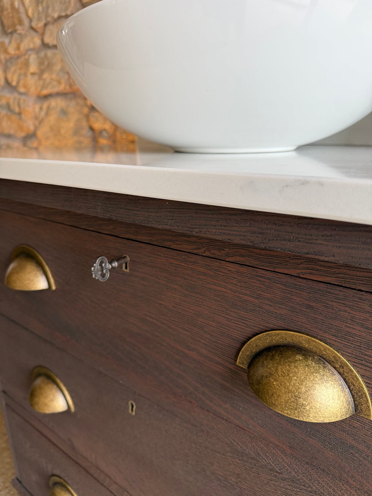 Vintage Solid Oak Vanity Sink Unit, in a Classic Dark Oak, Quartz Top, Upstand and Basin (79cm)