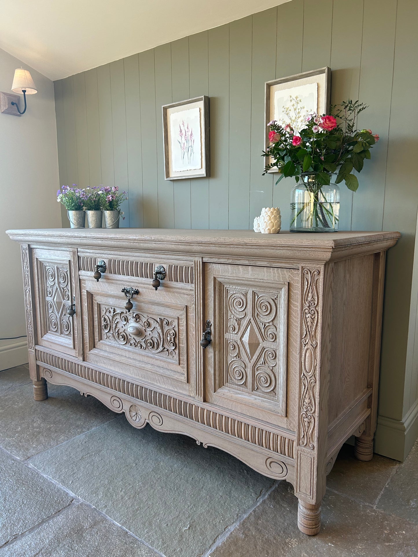 Large Vintage Weathered Oak Sideboard with Swirl Carvings and Brass Handles. Maple and Co.
