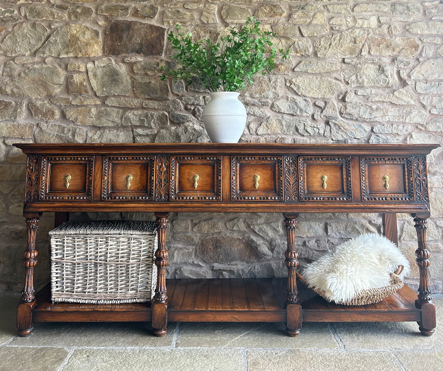 Antique 1880s Solid Dark Oak Console Sideboard