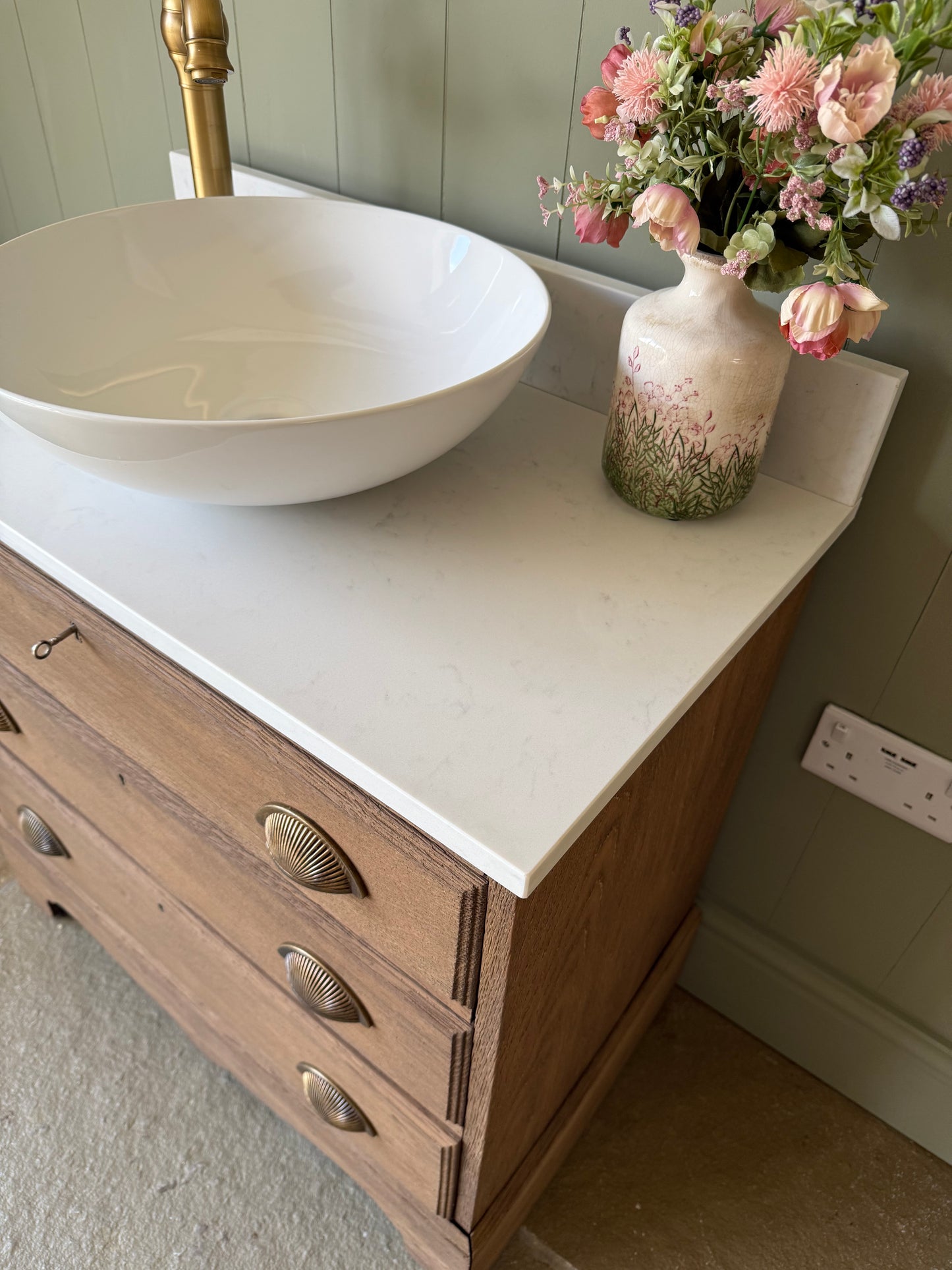 Antique Oak Single Vanity Sink, Carrara Quartz top, Upstand and Basin (76cm wide)
