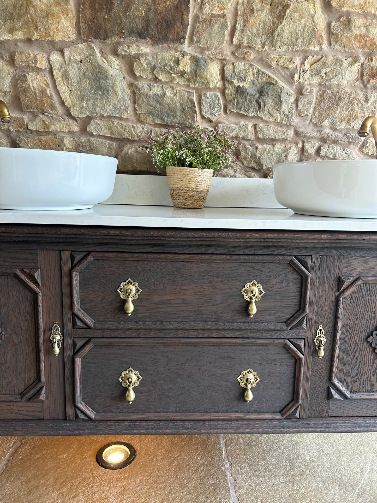 Classic Dark Solid Oak Double Vanity with Quartz top, Upstand and basins. (154cm wide)