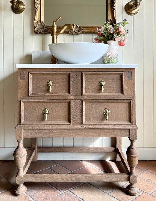 Small Vintage Oak Vanity Sink Unit, Carrara Quartz Top, Upstand and basin (71cm wide)