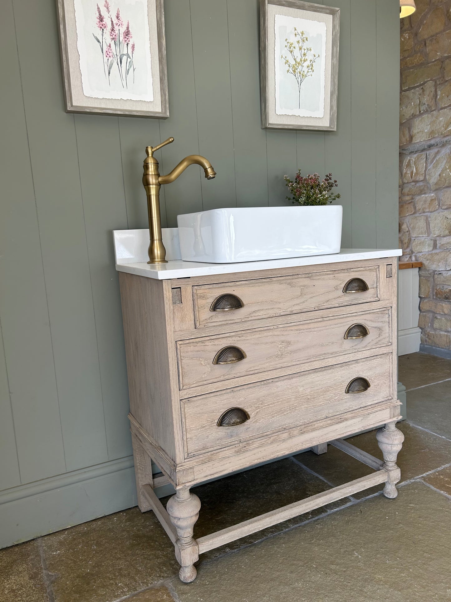 Small vintage  Quartz topped vanity sink in a light weathered Oak. 76cm wide